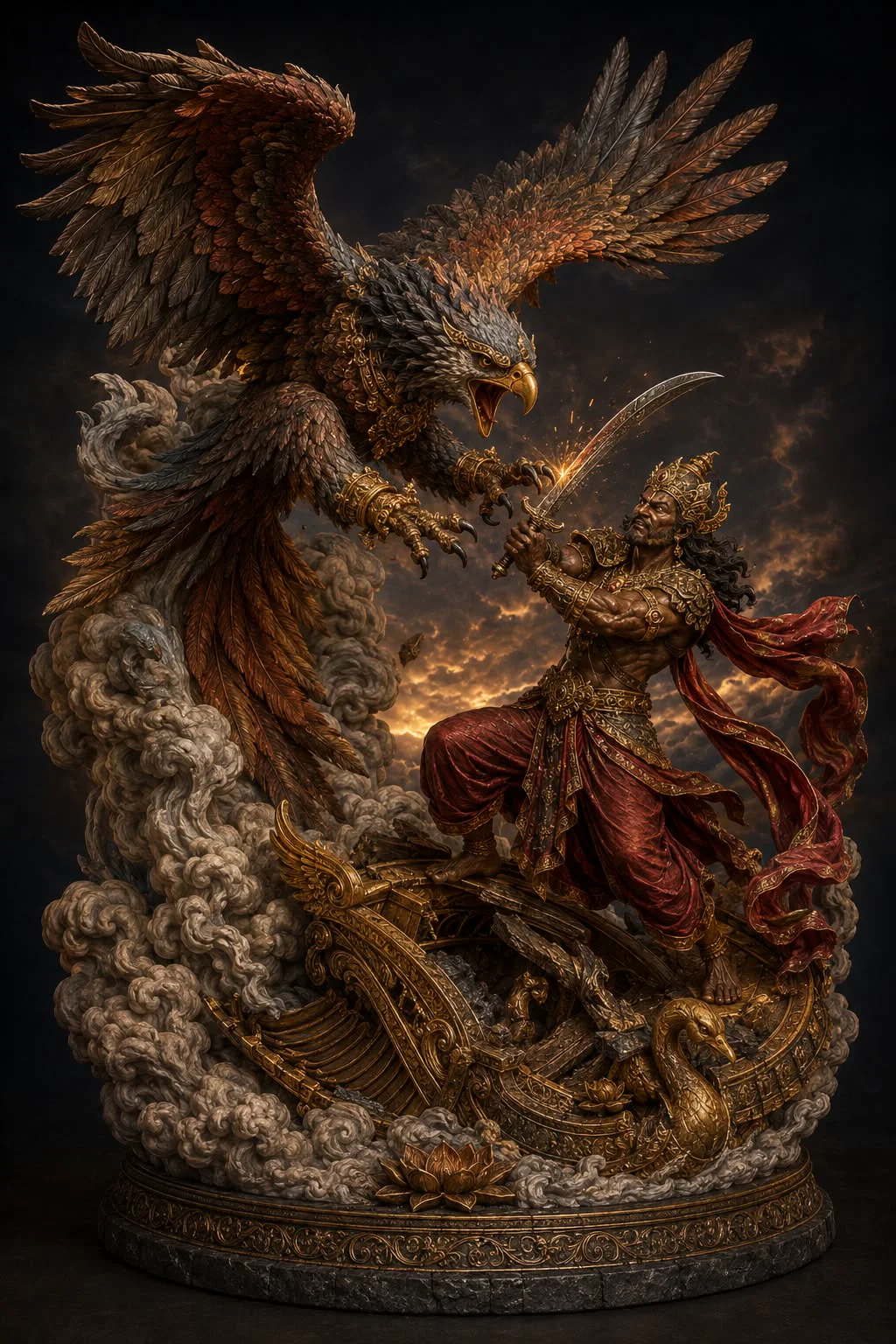 Ornate sculpture concept of a warrior confronting a giant eagle