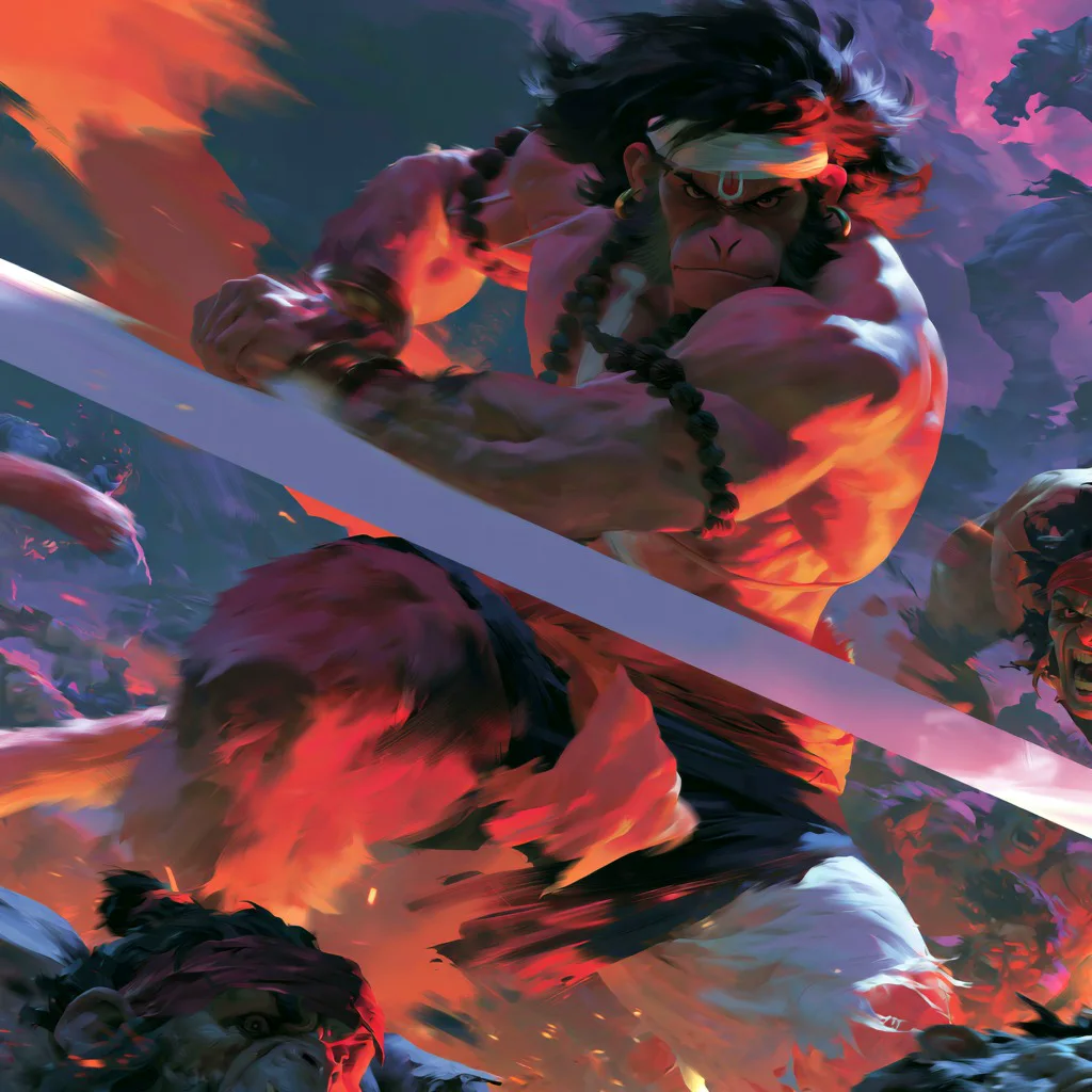 Hanuman wielding a blade in a fiery battle