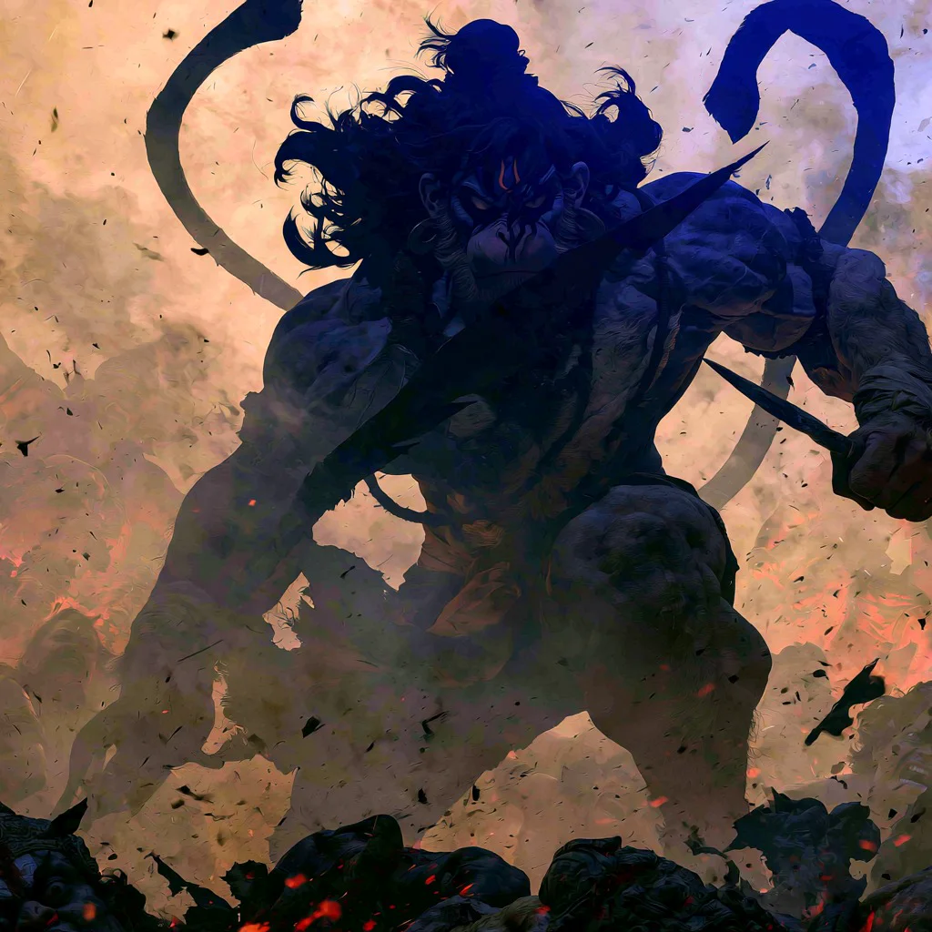 Towering silhouette of Hanuman in a battlefield
